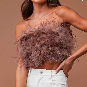 Elegant Feathered Strapless Crop Top - Brown